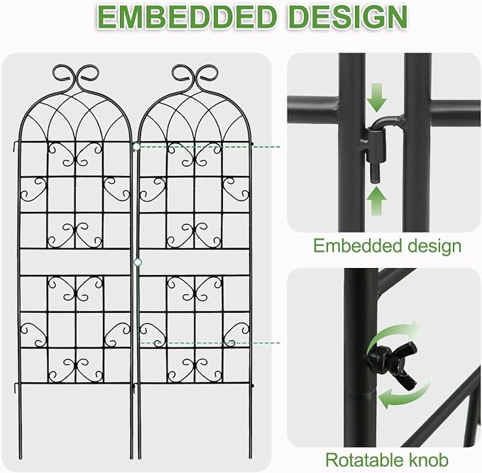 Lorenzo 2 Pcs 70 x 19.7 Inch Metal Garden Trellis for Climbing Plants Outdoor, Black Coated Frame, Plant Support for Outdoor Roses Vines Cucumber Vegetables