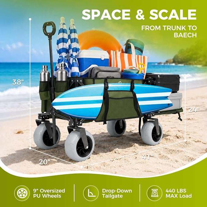 Heavy Duty Beach Wagon with 9" Big Sand-Proof Wheels, Extended Tailgate Design, 440lbs Folding Wagon Cart, 41" Utility Wagon with Side Bag, Adjustable Handle for Sand, Outdoor Green