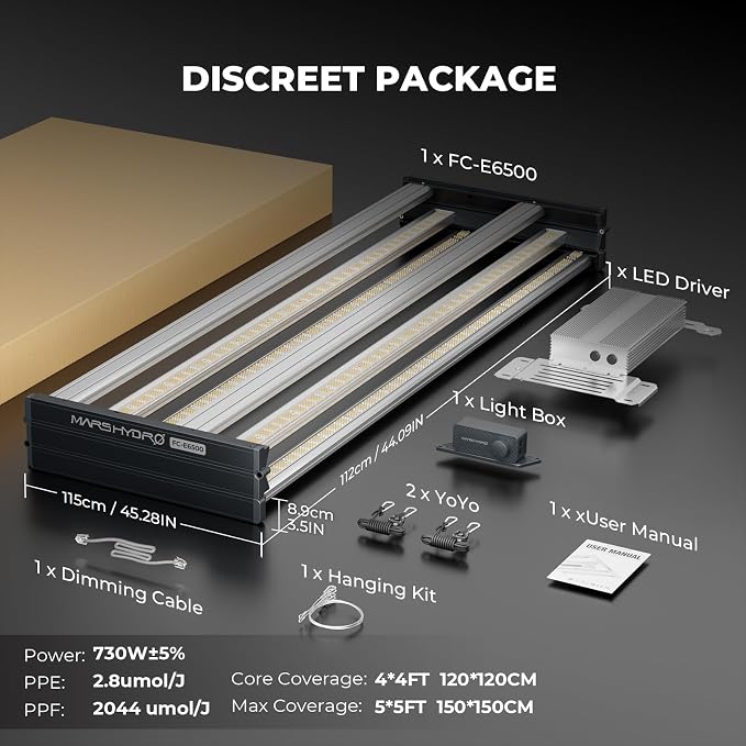 Mars Hydro FC-E6500 730W 5x5 LED Grow Light Full Spectrum Veg Bloom Flower | BEST VALUE: Bridgelux 2835 Diodes, Osram660nm CSSRM6.24, 2.8 μmol/J PPE, 2044 μmol/J PPF, Max Coverage 5x5ft, Foldable Design