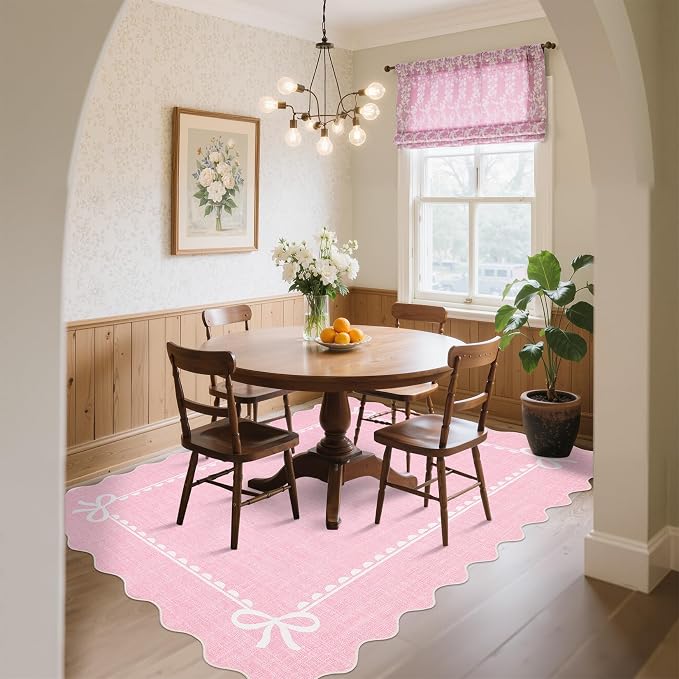 COZYLOOM Scalloped Living Room Rugs 4x6 Washable Kids Bedroom Rug, Pink | Non Slip Modern Bow Border Stain Resistant Non Shedding Low Pile Solid Foldable Area Rug for Entryway Dining Room