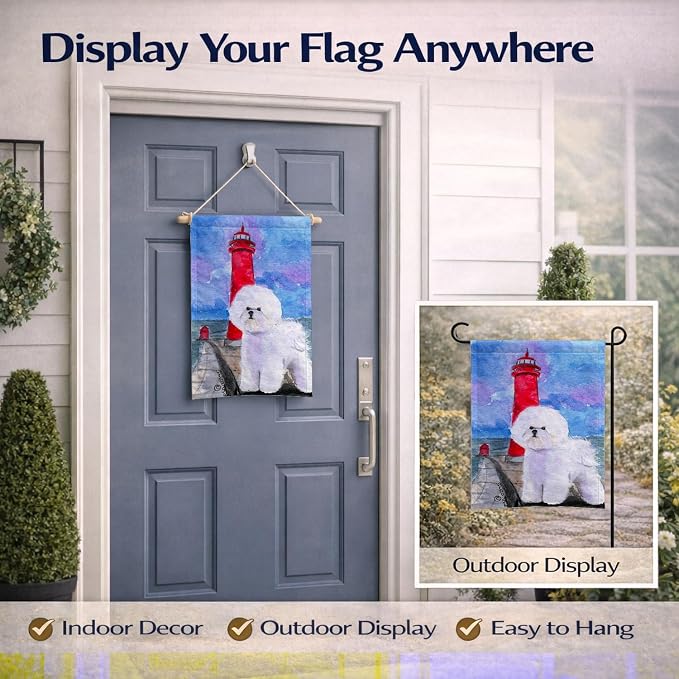 Caroline's Treasures SS8891GF Lighthouse with Bichon Frise Garden Flag Mailbox Flag Decorative Yard Flag Banner Outside Patio Artwork Yard Flower Beds, Garden Size, Multicolor