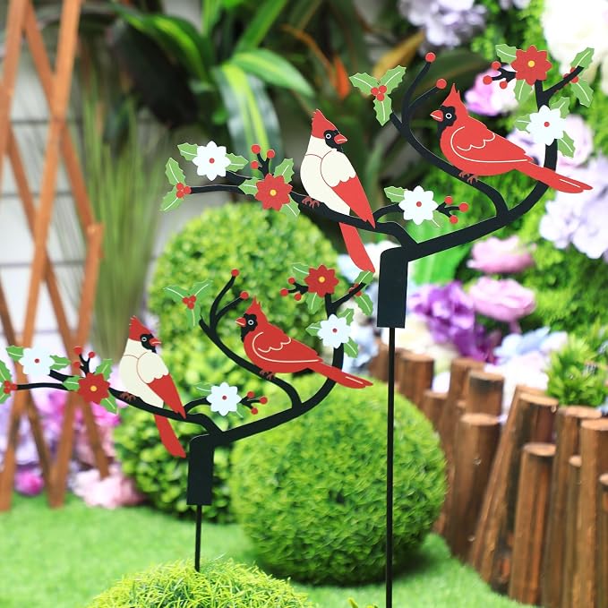 CroBlissful 4 Pcs Cardinal Decor Sign Cardinal Garden Stakes Yard Sign Outdoor Decorations Spring Red Metal Bird Decorative for Lawn Garden Landscape Flower Bed Patio Yard