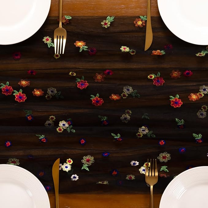 Socomi Flower Table Runner Summer Daisy Floral Tulle Gauze Cheesecloth Embroidery Table Runners for Tea Party Garden Wedding Bridal Baby Shower Birthday Picnic Decor Black 1pc
