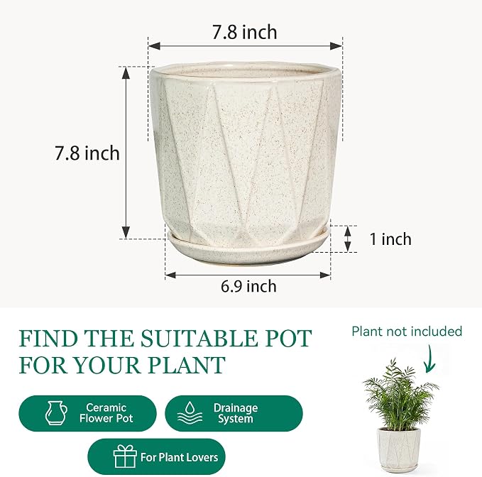 7.8 Inch Ceramic Plant Pot with Drainage Hole Mesh Net, Large Flower Pots for Indoor Plants with Saucer, Gardening Pots Outdoor (Silk White)