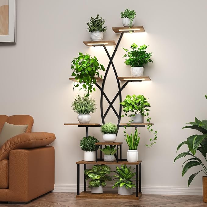 Plant Stand Indoor with Grow Lights - 9 Tiered 66" Tall Metal Plant Shelf, Curved Plant Stand with Adjustable Feets for Multiple Plants, Corner Flower Shelf for Living Room, Patio