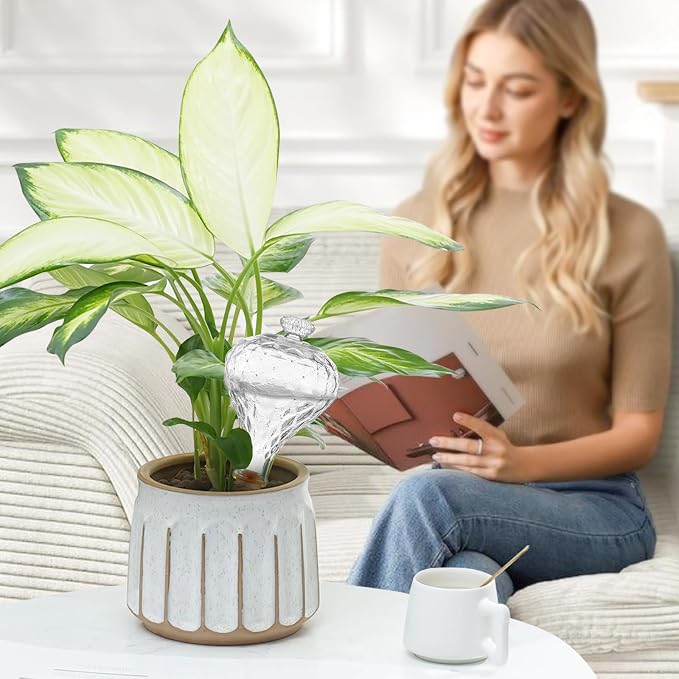 12 oz Plant Watering Globes, Clear Glass Self Watering Bulbs Top Fill with Terracotta Spikes Stake, Self Watering Planter Insert Vacation Automatic Plant Waterer Device for Indoor & Outdoor 2Pack