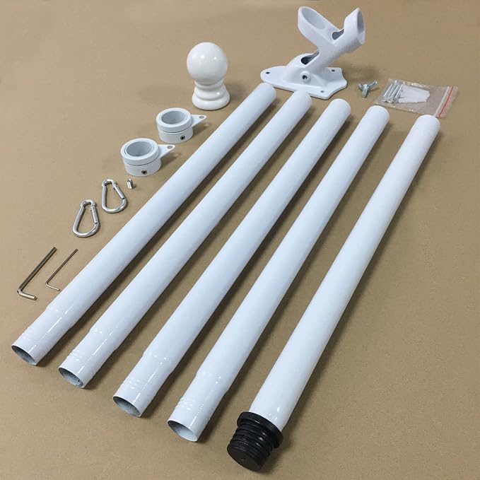 BONWIN White Flag Pole Kit for Outside House, 6FT Thickened Stainless Steel Wall Mount Flag Pole for 3x5'/ 4x6' Flag, 1" Anti-Wrap Spinning Flag Ring Clips & 2-Position Bracket Holder for Porch Yard