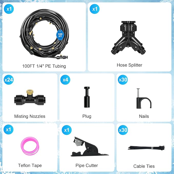 Thiswing 100 FT Dual-Line Misting Cooling System, Outdoor Water Mister Kit with 24 Brass Nozzles, Misting Hose for Patio, Backyard, Garden, Dog Play Area, Farm, Stable, Outdoor Summer Heat Relief