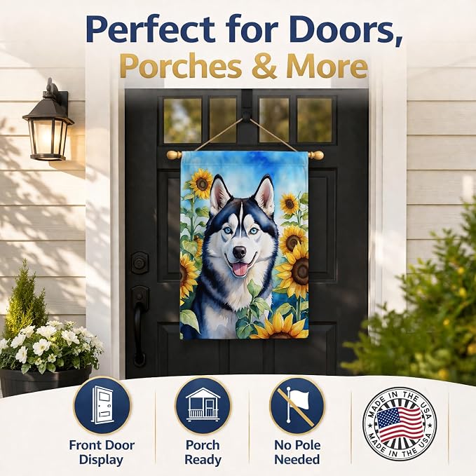 Caroline's Treasures DAC6164CHF Siberian Husky in Sunflowers House Flag Large Porch Sleeve Pole Decorative Outside Yard Banner Artwork Wall Hanging, Polyester, House Size, Multicolor