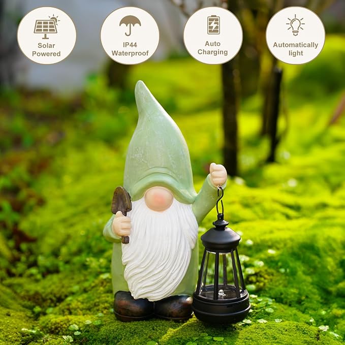 Gnome Statue with Solar Lantern - 4.92L x 9.92H | Garden Figurines for Home and Garden Decor, Gnome Decorations Gift Ideas, Gifts for Women Mom