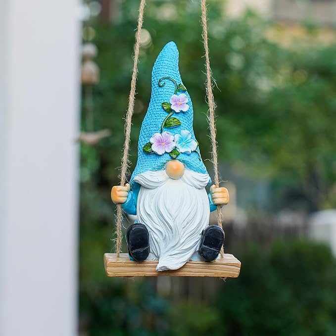 Hanging Garden Gnomes Outdoor Decor, Funny Gnome on Swing Figurine for Yard Tree, Miniature Whimsical Fairy Garden Ornament & Spring Gifts for Women, Resin Sculpture
