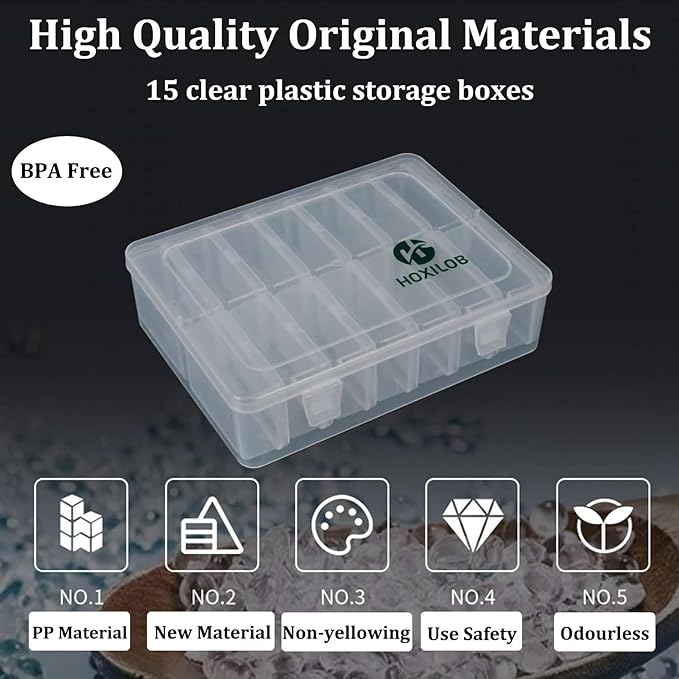 15pcs Bead Organizer Boxes, Medium Clear Plastic Storage Containers with Labels, Large Craft Case Ideal for Big Beads, Jewelry, Diamonds, Bracelets Making, Screws, Sewing, Mini Tools and Small Parts