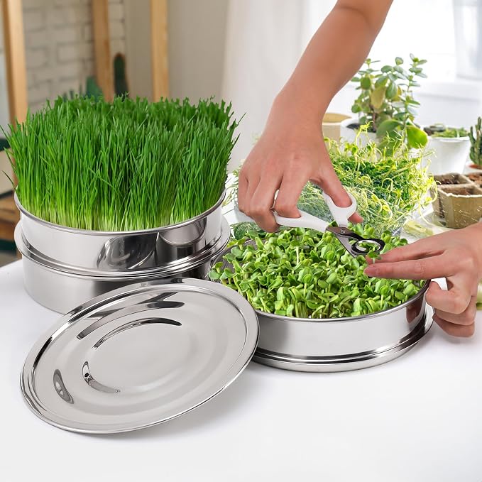 Tlence 9" Stackable Stainless Steel Seed Sprouting Kit, 3-Tier Mesh Germination Tray, Seed Sprout Grower with Lid Base, Microgreens Propagator for Beans Peas Broccoli Wheat Grass, Soil Free