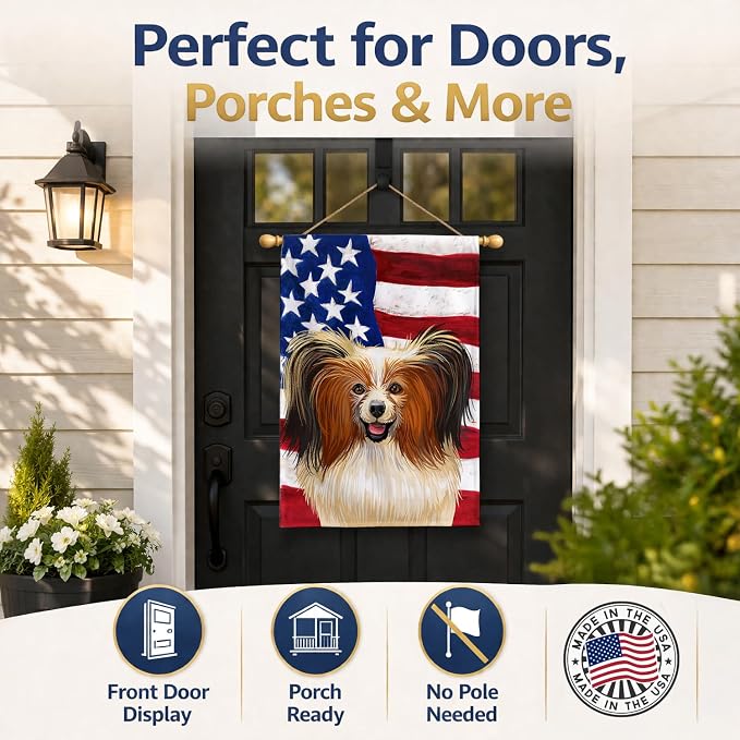 Caroline's Treasures CK6642CHF Phalene Dog American Flag House Flag Large Porch Sleeve Pole Decorative Outside Yard Banner Artwork Wall Hanging, Polyester, House Size, Multicolor