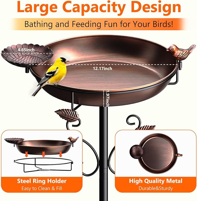 50" Tall Metal Bird Bath for Outside with Small Feeder Bowl, 2-in-1 Removable Birdbath Bowl, Heavy-Duty Easy Clean Garden Yard Lawn Patio Decor, Rust-Proof