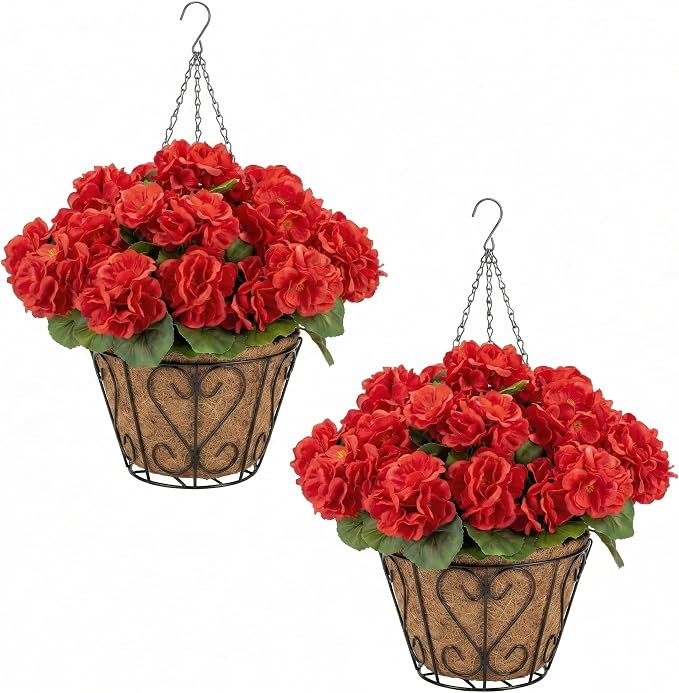 2 Pack Artificial Geraniums Flowers with Hanging Baskets,UV Resistant Silk Faux Red Geranium Flowers with Hanging Planters for Outdoor Patio Balcony Front Porch Garden Home Decor