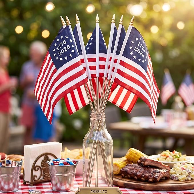 TOPFLAGS 250 Anniversary USA Flag 1776 2026 Small Betsy Ross Flags 12x18 on Stick 6 Pack Mini 13 Star Bennington US Flags Metal Handheld Pole for Outside 4th of July Memorial Day USA 250th Year Patriotic Decorations