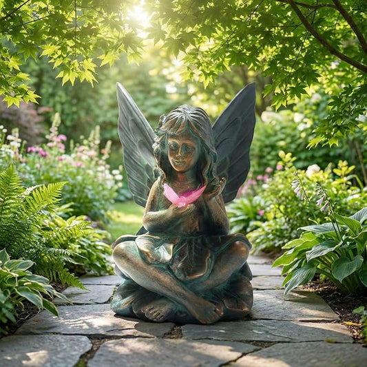 Oinas Solar Fairy Garden Statue Decor - Resin Fairy Figurines with Butterfly Light, 8.5 in Angel Fairy Outdoor Decor, Birthdays, Valentine's Day Garden Sculpture Gifts for Women