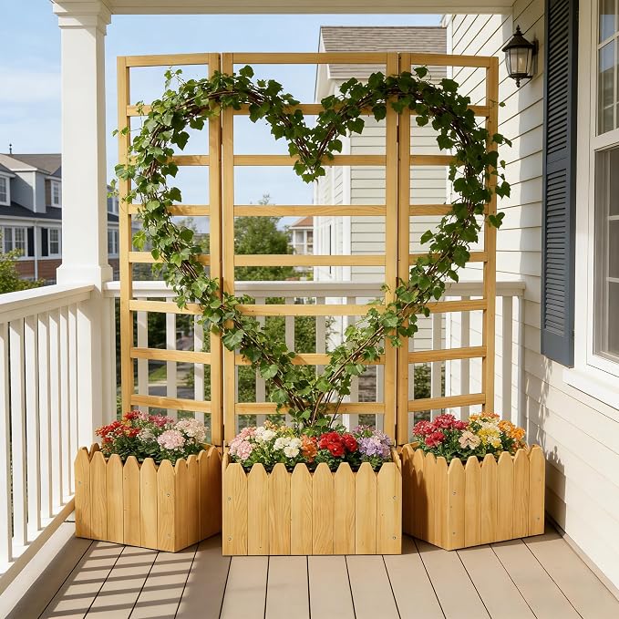 3 Panels Privacy Screen with Planter Box Outdoor,Vertical Raised Garden Bed for Climbing Plants Garden Fence with Trellis & Drain Holes for Vegetables, Flowers on Patio, Balcony & Backyard (Wood2)
