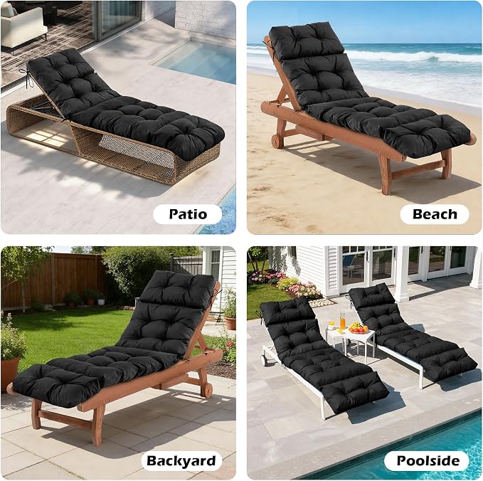 Chaise Lounge Cushions Outdoor, Waterproof & Fade Resistant Patio Lounge Chair Cushions for Outdoor Furniture, Chaise Cushion with Ties for Patio, Pool, Lawn and Beach, 75.1x22.8x4.7 Inch, Black