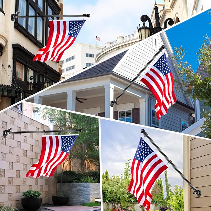 1" Flag Pole Holder for Outside House, REERON 2-Positions Metal Flagpole Brackets Mount, Aluminium Rustproof Flag Pole Wall Porch Mounting Bracket with 3 Fixed Holes & Steel Hardwares (Black-2 Pack)