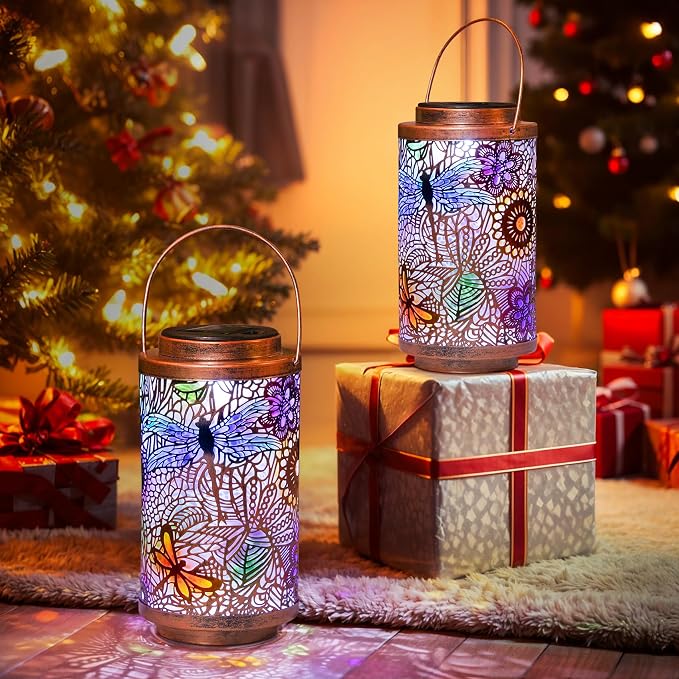 2Pack Solar Outdoor Lanterns Waterproof Multicolor Dragonfly Garden Gifts for Mom Women Backyard Lights Lanterns for Indoor,Outdoor, Outside,Mothers Day Gifts for Grandma Wife