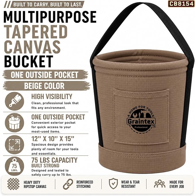 Graintex Tapered Canvas Bucket 12"x10"x15", Utility Tool Bucket One Inside Pocket, Reinforced Base & Carry Handle, Ripstop Canvas - Beige