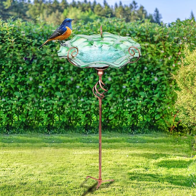 VCUTEKA Bird Bath Glass Outdoor Birdbaths Garden Yard Decor Bird Feeder with Metal Stake Green