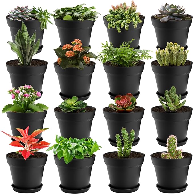 16 Pack Plastic Plant Pots with Drainage Holes and Tray, 4 inch Thickened Indoor Planters Seedlings Nursery Pots for Flowers, African Violet, Succulent and All House Plants, Black