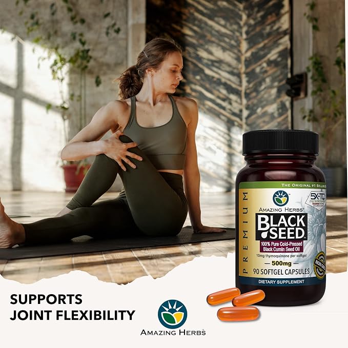 Amazing Herbs Premium Black Seed Oil Capsules - Gluten Free, Non GMO, Cold Pressed Nigella Sativa Aids in Digestive Health, Immune Support- 90 Count, (Pack of 1)