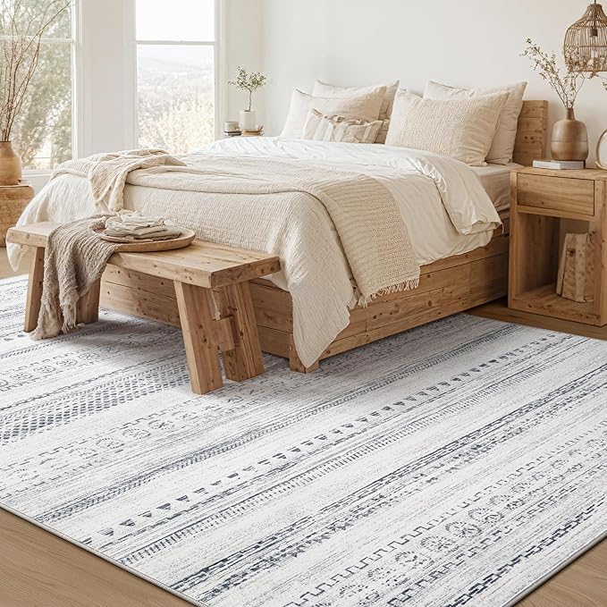 kakania Washable 6x9 Area Rug for Living Room: Boho Geometry Home Decor | Soft Stain Resistant, Low-Pile, Non-Slip, Pet & Kid Friendly, Thin Rug for Bedroom/Dining Room/Kids Dorm - Grey