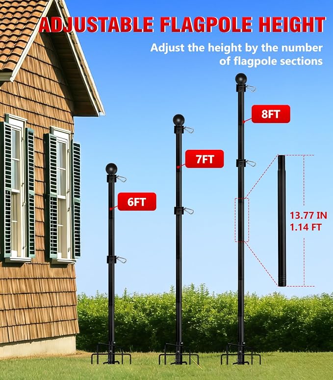 304 Stainless Steel 8FT In Ground Flag Pole with 7 Prongs Base, Heavy Duty Extra Thick Camper Flag Pole, 1 Inch Inground Flag Pole for Outside House, Yard, Garden (Black-8FT)