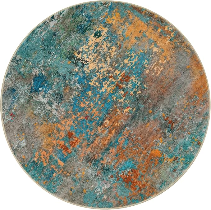 Lahome Modern Abstract Round Rug 3Ft - Colorful 3x3 Circle Rug Non Slip Kitchen Rugs Washable Front Door Mat, Contemporary Indoor Throw Small Carpet for Bedroom Entryway Foyer Sink