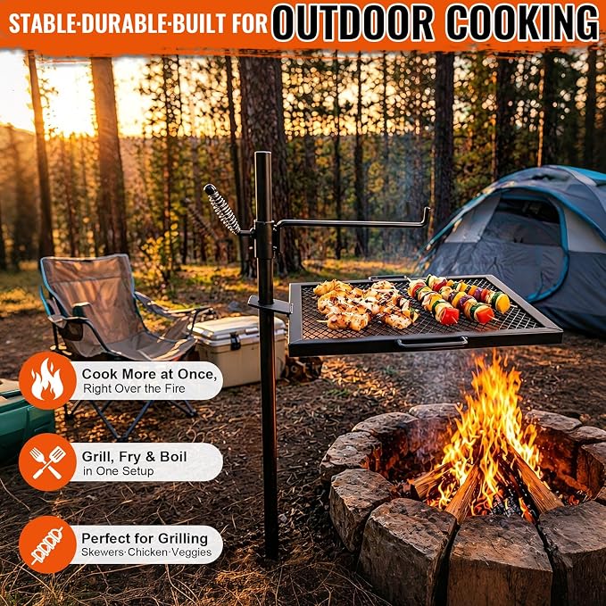 18.5"x16.4" Campfire Grill Grate, Heavy Duty Over Open Fire Cooking Grate with Adjustable Height & 360° Swivel, Portable Foldable BBQ Rack for Outdoor Camping, Tailgating & Patio
