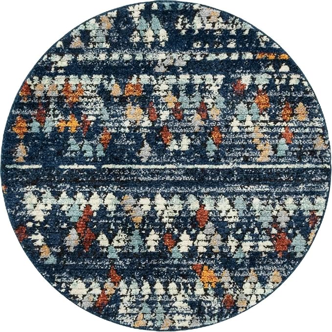 Unique Loom Morocco Collection Abstract Border, Diamond, Bohemian Area Rug (4' 0 x 4' 0 Round, Navy Blue/Black)