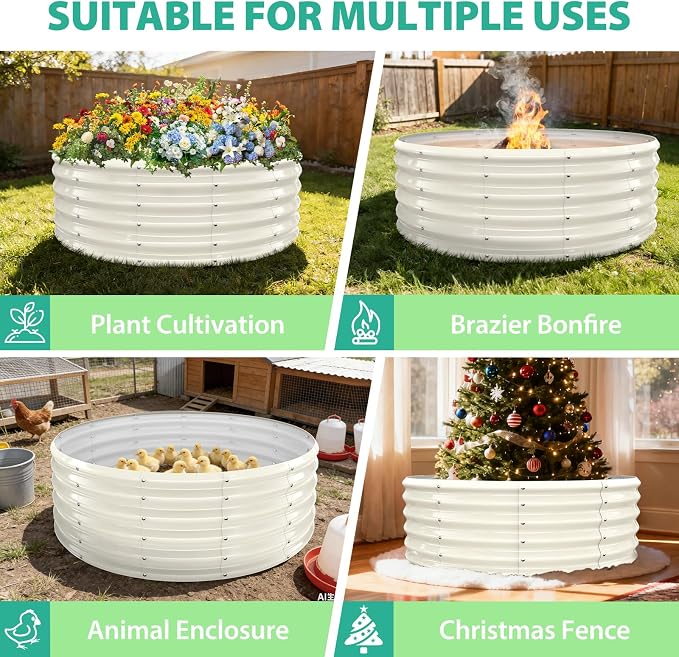 YSEJOMP 17" Tall Round Outdoor Garden Raised Garden Bed Kits-0.8MM Thick Metal Raised Planter Bed/Ground Planter Box for Variety of Flowers,Herbs,Vegetables,Trees (Cream White, 48 Dia X 16.5inches)