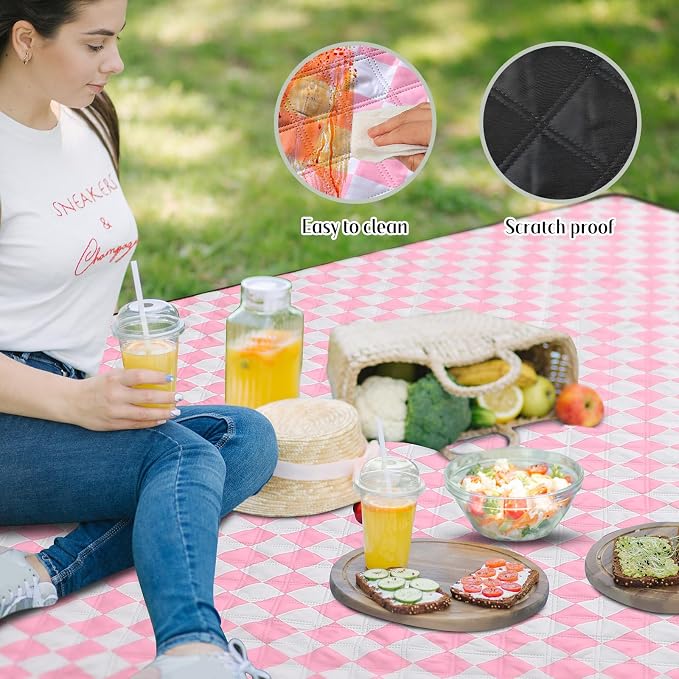 Nuanchu Checkered Picnic Blanket Extra Large Outdoor Blanket Sandproof 80"x80" Waterproof Portable Machine Washable 3 Layer Thick Gingham Picnic Mat for Beach Camping Park Grass Travel (Light Pink)