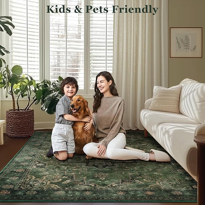 Dark Green Tranditonal 6x9 Area Rugs for Living Room, Vintage Distressed Medallion Printed Low Pile Thin Rugs for Bedroom, Washable Non Slip Soft Carpet for Dining Room Home Office Guest Room