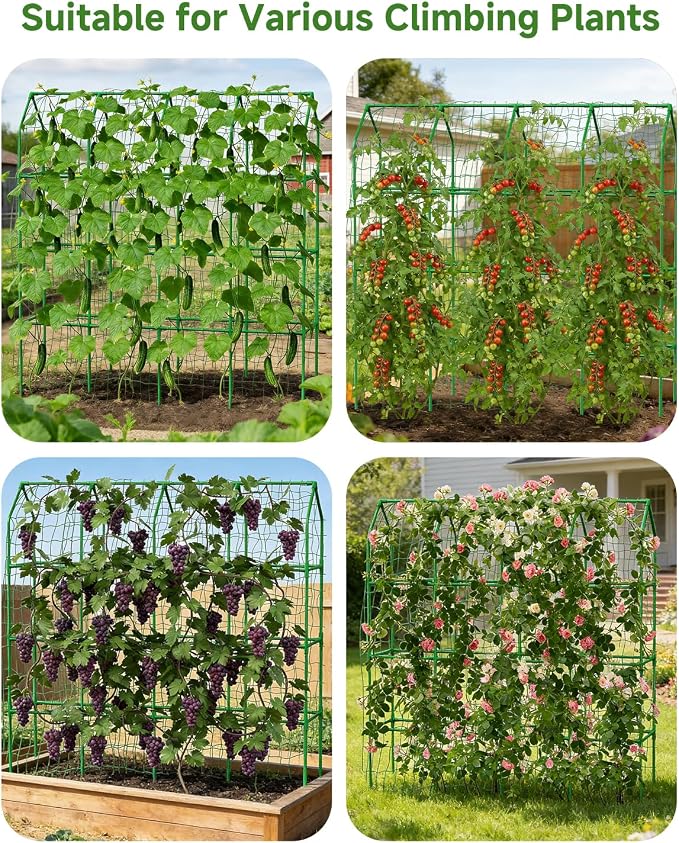 Cucumber Trellis for Climbing Plants Outdoor, A-Shape Garden Trellis for Raised Bed, Metal Plant Trellis with Garden Netting for Flower Vegetables, Pea, Grape ((67 * 17 * 65inch(L*W*H), Trellis)