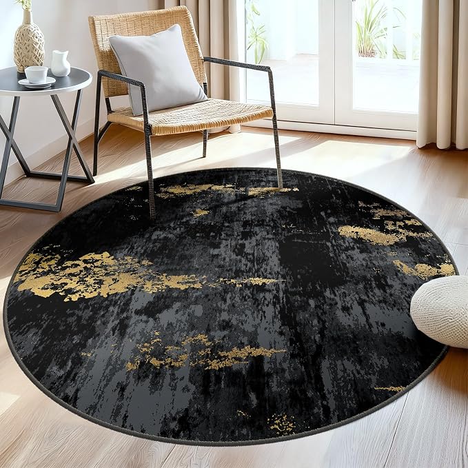 RELEANY Washable Round 6ft Area Rug for Living Room Black Gold | Carpet for Bedroom, Kitchen, Office, Hallway and Entryway, Printed Pattern, Non‑Slip, Soft, Stain‑Resistant, Easy to Clean