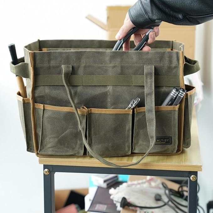 Tool Bag, Heavy Duty 16oz Waxed Canvas Garden Tool Organizer Tote with Reinforced Bottom, Large Capacity & 11 Slots, Dual Handles Tool Carrier for Gardening Carpentry DIY Tools | Army Green