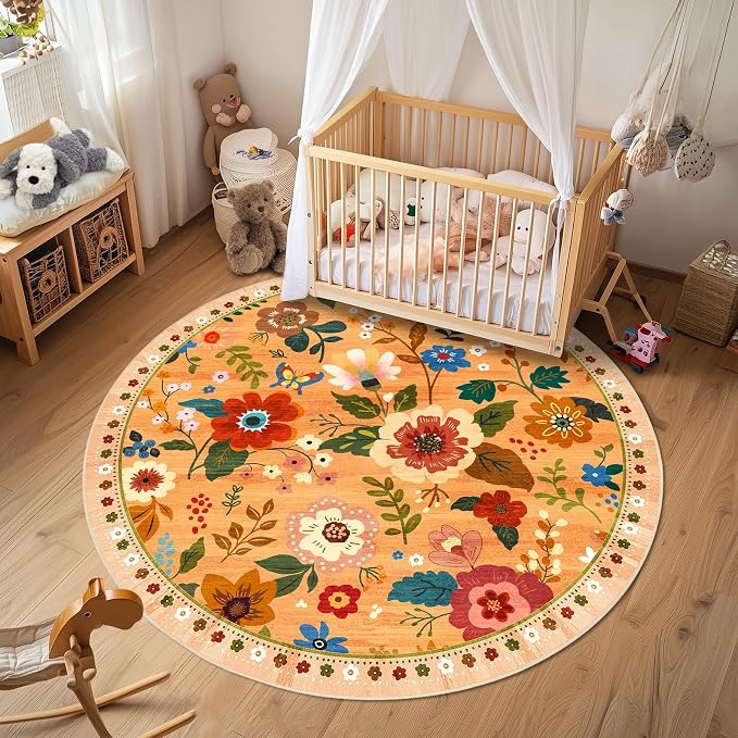 RELEANY Floral Washable Round 8ft Area Rug Orange/Yellow/Red | Flower Carpet, Print, Boho, Non-Slip, Easy to Clean, Soft, Low Pile for Living Room Bedroom Kitchen Office Entryway Hallway