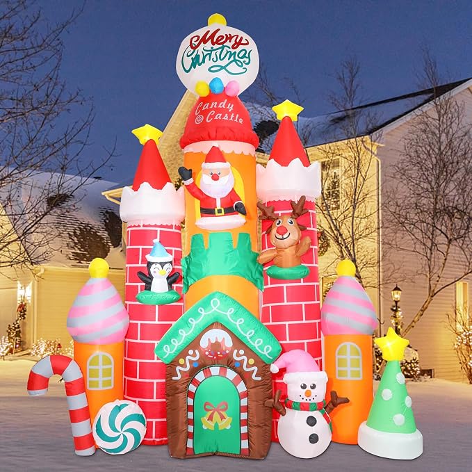 MUMTOP 10FT Christmas Inflatables Outdoor Decoration, Candy Castle Christmas Inflatable with Santa,Snowman,Elk,Penguin and Built-in Led Lights Blow Up Inflatable for Outdoor Party Garden Decoration