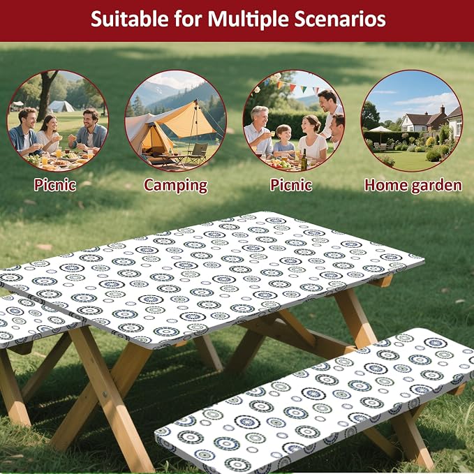 6ft Picnic Table and Bench Cover, Camping Essentials RV Gear, 72 in Waterproof Windproof Outdoor Elastic All Around Tablecloth, Fitted Rectangle Tables and Seats, Blue Flywheel