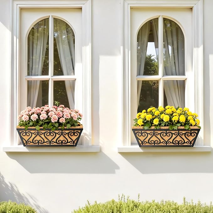 2 Pack 16 Inch Deck Railing Planter Box - Window Boxes Planters with Adjustable Brackets Coco Liners Balcony Planters Railing Hanging for Wind