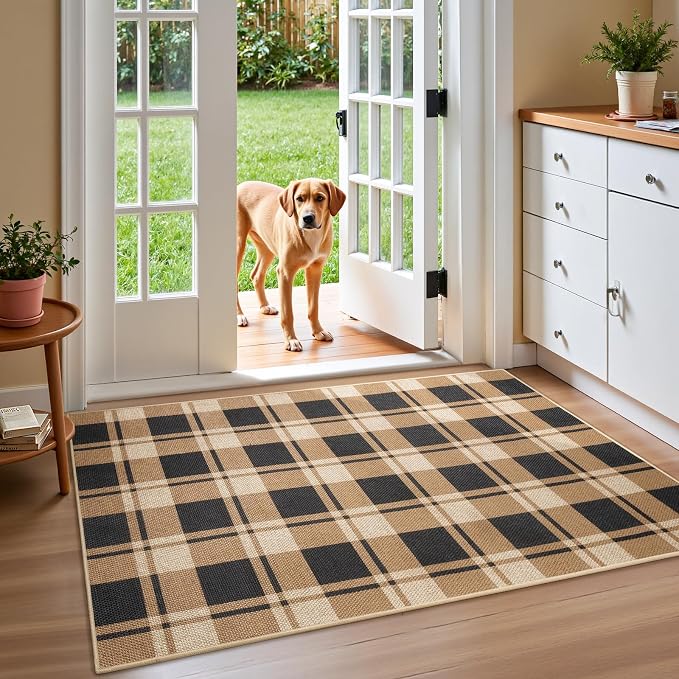 3x5 Plaid Jute Rug, Washable Non-Slip Checkered Rugs, Black/Brown | Washable Jute Area Rug With Non-Slip Backing, Low-Pile Texture, Farmhouse Geometric Pattern In Neutral Brown/Black, Durable