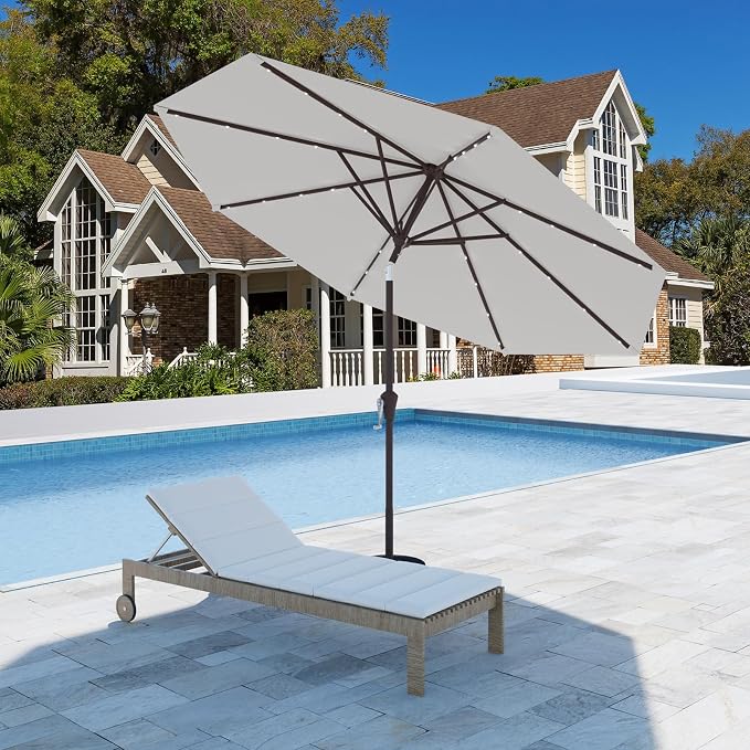9FT Patio Umbrella with Solar Lights,Outdoor Market Umbrella with Tilt and Crank, LED Lighted Table Umbrella for Garden,Deck,Backyard,Pool,Beach (Light Gray)