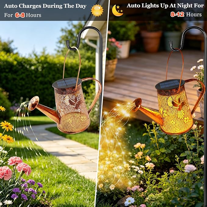VOOKRY Solar Lights Outdoor Decoration, Large Retro Hanging Metal Solar Watering Can Lights Waterproof Hummingbird Garden Decor Outside for Yard Lawn Patio Porch, Birthday Gifts for Women Mom Grandma