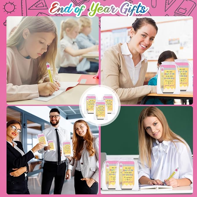 Marspark 30 Sets Back to School Student Gifts Bulk First Day of School Gifts Ballpoint Pens and Pencil Shaped Greeting Cards Set with Bag Twist Ties for Teacher Classroom Prizes Rewards Party Favors