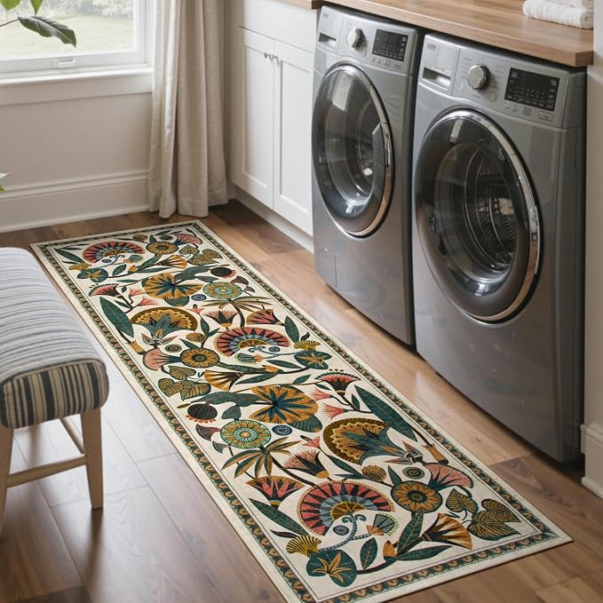 Zealude Washable Kitchen Runner Rug, Floral 2x6 Rug Runners for Hallways, Washbale Non Slip Beige Rugs, Soft Low Pile Carpet for Bedroom Entryway Laundry Room